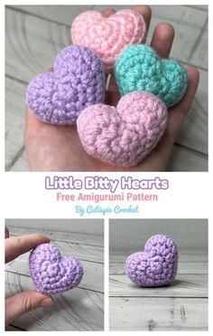 small crocheted hearts in different colors are shown with the text little bitty hearts free amigurmi pattern