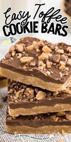 three easy toffee cookie bars stacked on top of each other with text overlay