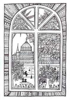 a drawing of an open window with trees in it