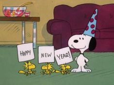 a cartoon dog wearing a party hat and holding signs that say happy new year with ducklings