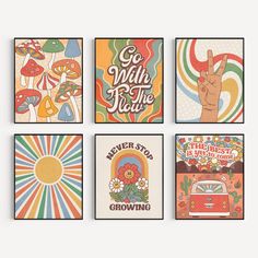 four colorful posters with the words grow your own and an image of a hand making a peace sign