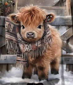 a painting of a baby cow wearing a scarf and boots in the snow with pine cones around it