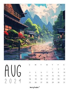 a calendar with an image of a rainy day in the mountains and houses on it