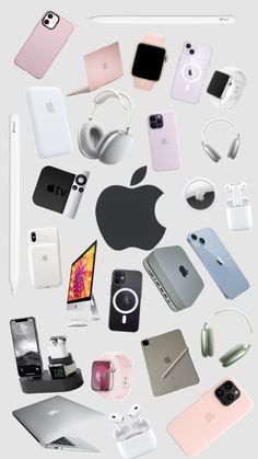 many different types of electronic devices are arranged in the shape of an apple logo on a white background