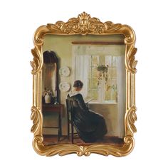 a painting of a woman sitting at a window sill in front of a clock