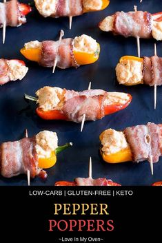 several skewered peppers with cheese on them and the title low - carb gluten - free keto pepper poppers