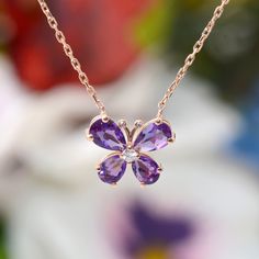 Minimal Natural Amethyst Enamel Butterfly Necklaces, Purple Amethyst Butterfly Necklace, Dainty Butterfly Necklaces, Valentine's Day Gift Diamond : 0.02 CT. F / SI (1 piece) Natural Amethyst : 0.55 CT. (4 piece) Gram 1.64 (It may differ depending on the chain size) Product Code: MR0011501 Adjustable Chain is Optional Length of Chain 16 inches - 24 inches ABOUT US All our products are handmade . Our jewelry is made with real solid gold and natural diamonds and gemstones . Our store was founded in Purple Gem Jewelry, Purple Butterfly Jewelry, Purple Gem Necklace, Purple Necklaces For Anniversary, Purple Necklace For Anniversary With Hallmark, Purple Hallmarked Necklaces For Anniversary, Purple Hallmarked Necklace, Purple Butterfly Necklace, Amethyst Necklaces For Gifts, Fine Jewelry Style