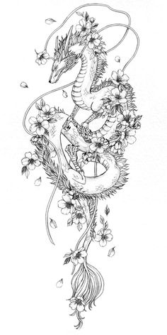 a black and white drawing of a dragon with flowers on it's back legs