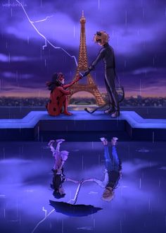 two people shaking hands in front of the eiffel tower with rain falling down