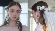 two pictures of the same woman in wedding dress with flowers on her hair and veil