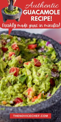 a bowl filled with guacamole and the words, authentic guacamole recipe