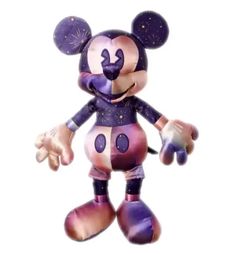 the mickey mouse balloon is painted purple and has stars on its head, while it stands upright