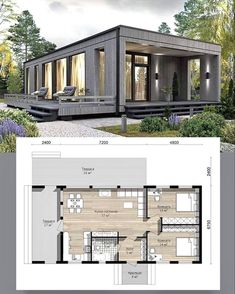 the floor plan for this modern cabin is very small and has lots of space to put in