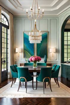 a dining room with blue chairs and a chandelier