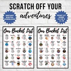 the scratch off your adventure stickers are shown on a white brick wall with pink and blue