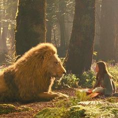 a woman sitting on the ground next to a large lion in a forest with trees