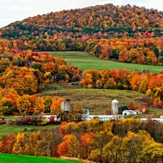 a farm surrounded by colorful trees in the fall with an old silo on top