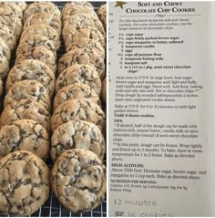 chocolate chip cookies are cooling on a rack next to the recipe for their fillings