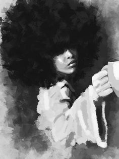 a black and white photo of a woman with an afro holding a cup in her hand