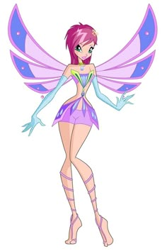 a cartoon fairy with pink hair and purple wings, standing in front of a white background