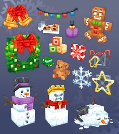 the pixel art is designed to look like it has snowmen and christmas wreaths