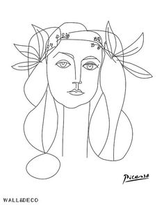 a drawing of a woman's face with flowers in her hair and leaves on her head