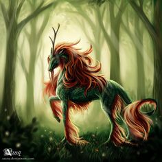 a green and red unicorn standing in the woods