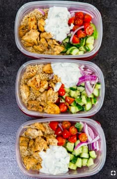 three plastic containers filled with different types of food