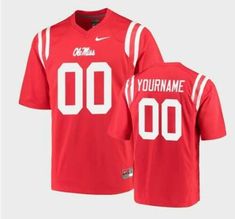 a red football jersey with the number 00 on it and white lettering that reads, your name