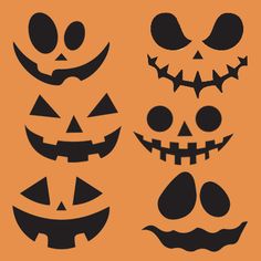 halloween pumpkins and jack - o'- lantern faces are shown in black on an orange background