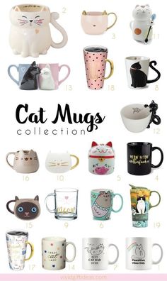 the cat mugs collection is filled with cats