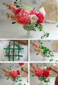 the process of making a vase with flowers and greenery in it is shown here