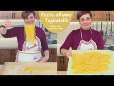 two women in aprons holding up pasta noodles on a cutting board with the words pasta all way tagliatelle