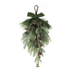 a bell hanging from a christmas tree with pine cones and bells on it's side