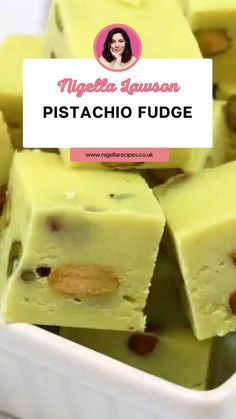 pieces of pistachio fudge in a white dish with the title overlay