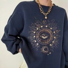 Drop Shoulder Sweatshirt, Dropped Shoulder Sweatshirt, Painted Clothes, Moon Print, Sweatshirts Online, Fashion Dresses Casual, Loose Sweater, Womens Clothing Stores, Art Clothes