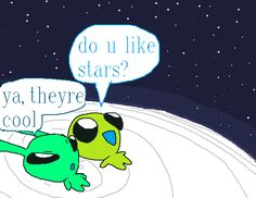 two cartoon characters are talking to each other on the moon with stars in the background