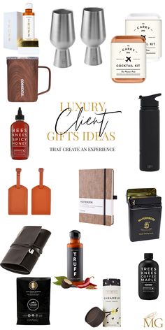 the luxury gift guide for men and women is on display in this image, with an assortment