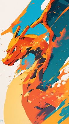 an abstract painting of a dragon with orange and blue paint streaks on it's body