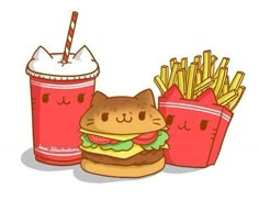 a cat is sitting next to a hamburger and french fries