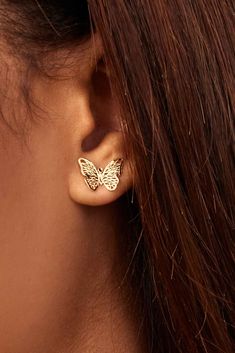 From dinner parties to art shows and everything in between, our Social Butterfly Studs will help you make a shining appearance. Handcrafted in solid gold, these butterflies will offer you feminine glamour and allure. Metal: 14k Yellow Gold Weight: 1.2 Grams Dimensions: 14mm Length, 11mm Width Origin: Crafted in San Zeno, Arezzo, Italy Elegant Pierced Butterfly Jewelry, Gold Earrings With Butterfly Charm For Party, Gold Butterfly Charm Earrings For Party, Luxury Gold Butterfly Earrings, Party Earrings With Gold Butterfly Charm, Elegant Gold Butterfly-shaped Earrings, Elegant Gold Butterfly Earrings, Gold Earrings With Butterfly Charm For Formal Events, Gold Earrings With Butterfly Charm For Formal Occasion