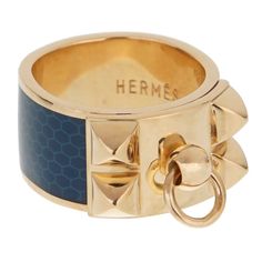 Hermes Collier De Chien Gold Blue Enamel Ring 0001792 Hermes Jewelry Ring, Hermes Leather Bracelet, Hermes Birkin Orange, Hermes Ring, Hermes Leather, French Luxury Brands, The Gold Rush, Shine Jewelry, Hermes Jewelry