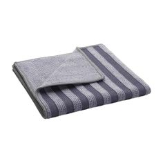 two towels folded on top of each other in grey and white striped fabric, with one folded