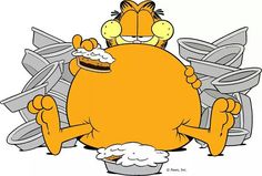 garfield the cat sitting on top of a pile of papers with his eyes closed and mouth wide open