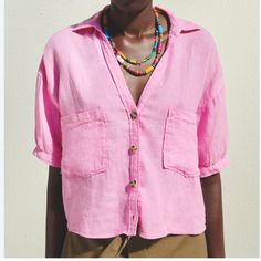 This An Adorable, Pink, Semi Cropped Zara Linen Top. It’s Super Feminine Size M And Nwt Chic Pink Tops With Pockets, Zara Summer Tops With Pockets, Linen Shirt Outfit, Outfit Zara, Semi Cropped, Zara Shorts, Pink Crop Top, Pink Linen, Pink Top