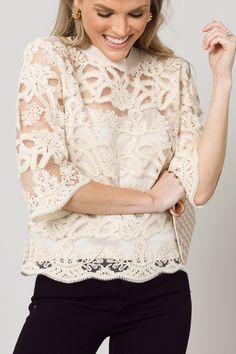 Fitted Scalloped Lace Crochet Top For Spring, Chic Scalloped Lace Top For Spring, Feminine Lace Trim Crochet Top, Feminine Crochet Top With Lace Trim, Lace Tops With Lace Work For Spring, Chic Lace Work Top For Spring, Spring Lace Trim Crew Neck Top, Elegant Crochet Top With Lace Work For Spring, Feminine Scalloped Lace Top For Summer