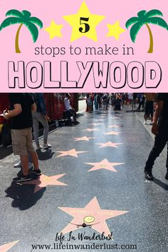 the hollywood walk of fame with palm trees and stars on it, in front of a pink background