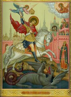 an icon depicting saint george the great riding on a white horse in front of a castle