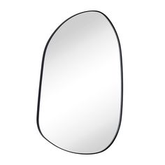 an oval mirror on a white wall with black trimmings and a curved edge