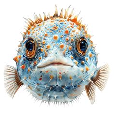 a close up of a puffer fish on a white background